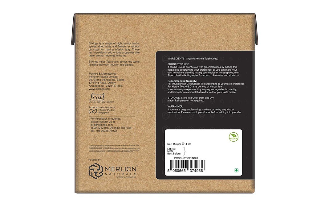 Elixings Organic Krishna Tulsi Ocimum Sanctum Loose Leaf Cut   Box  114 grams